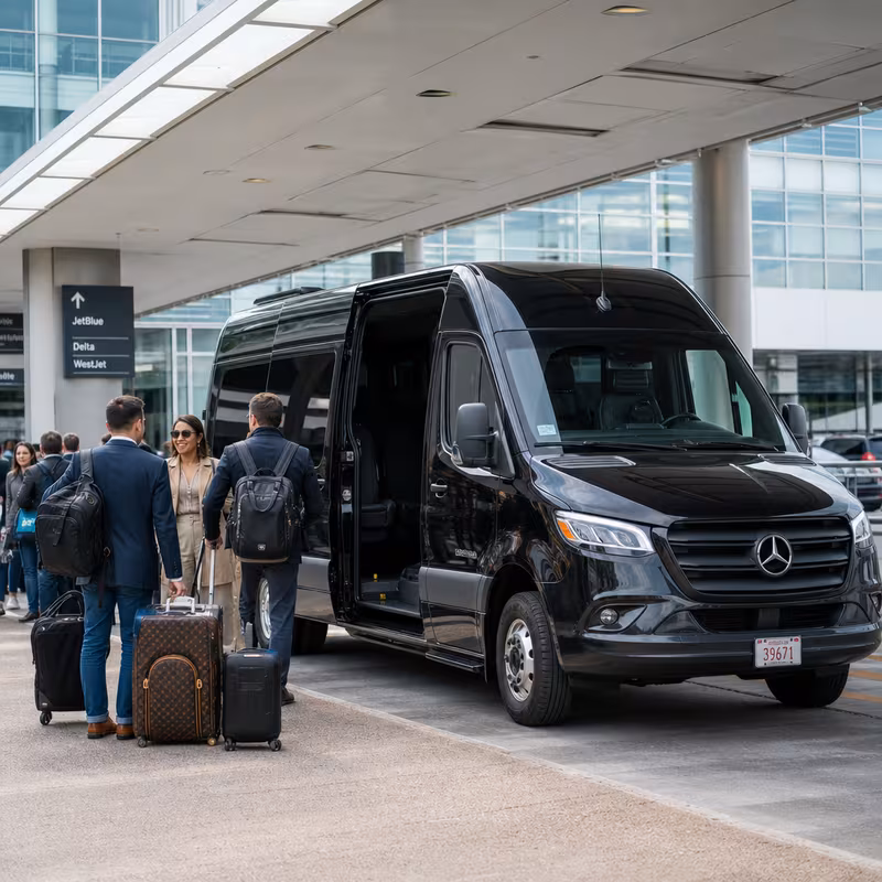 Group boarding a white charter bus for Airport Transportation transportation in Boston