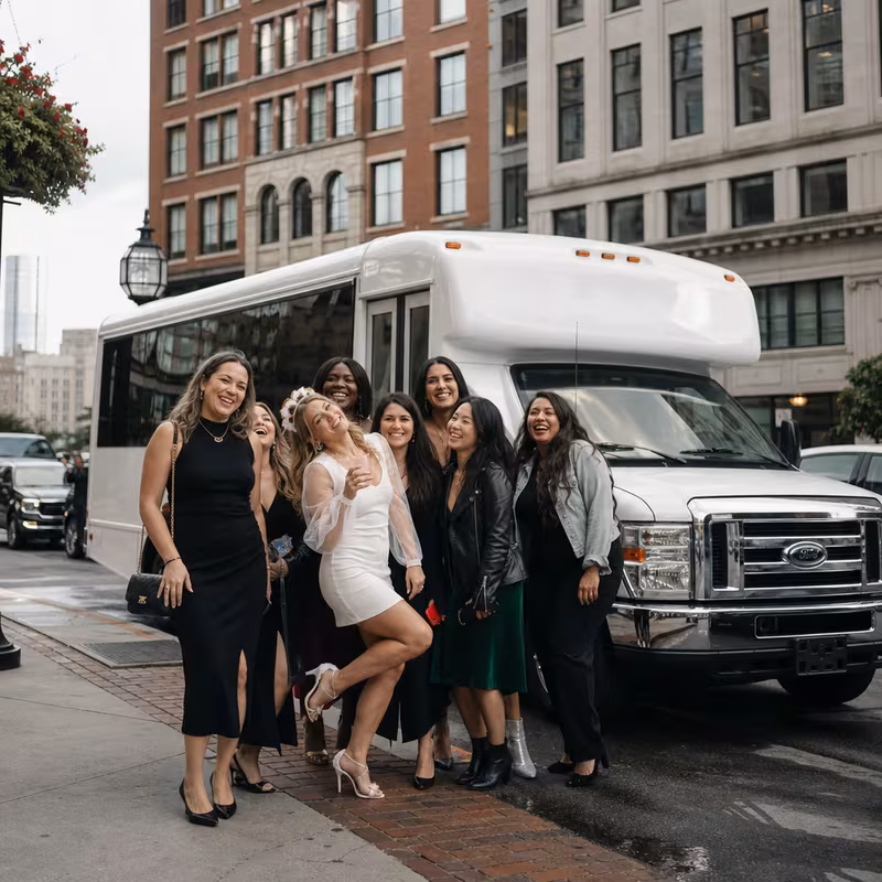 Black Mercedes Sprinter van staged for an Boston Bachelor & Bachelorette Transportation group