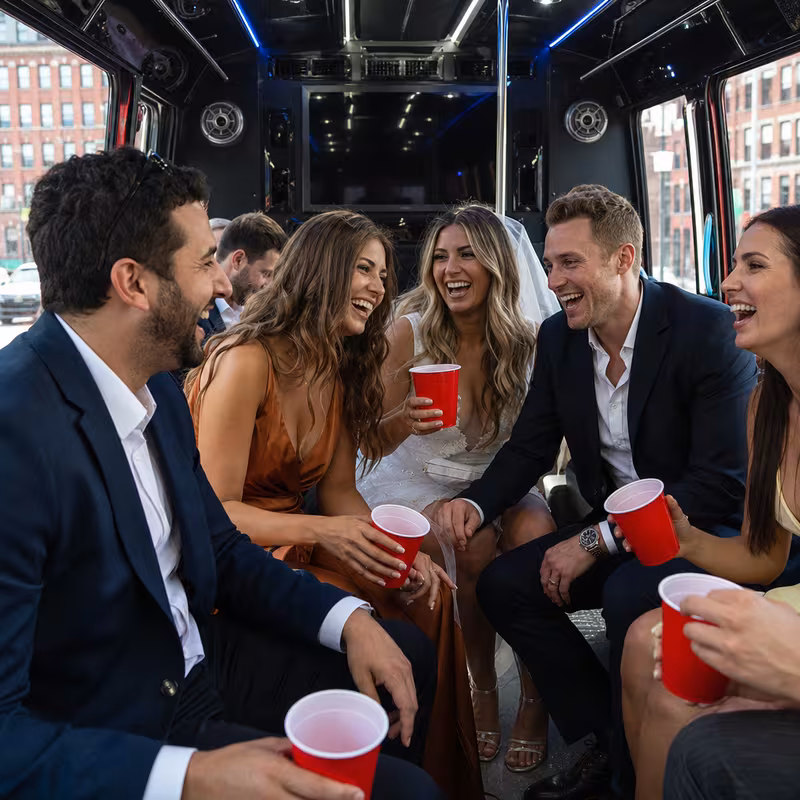 Party bus interior with wraparound leather seating and LED lighting in Boston