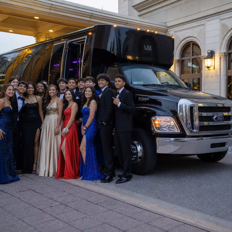 Party bus interior with wraparound leather seating and LED lighting in Boston